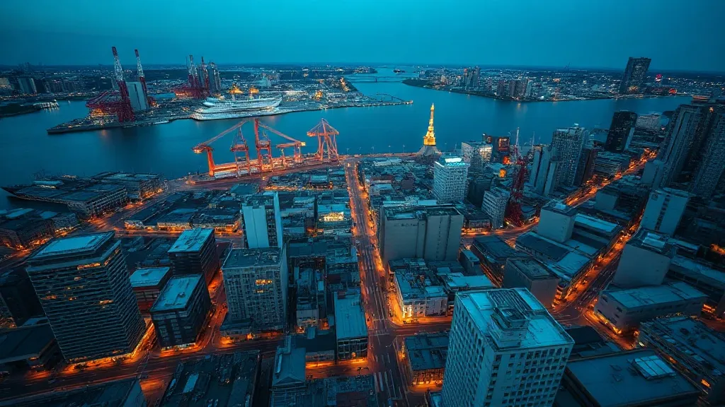 Wide angle aerial view of Osaka industrial district and bay