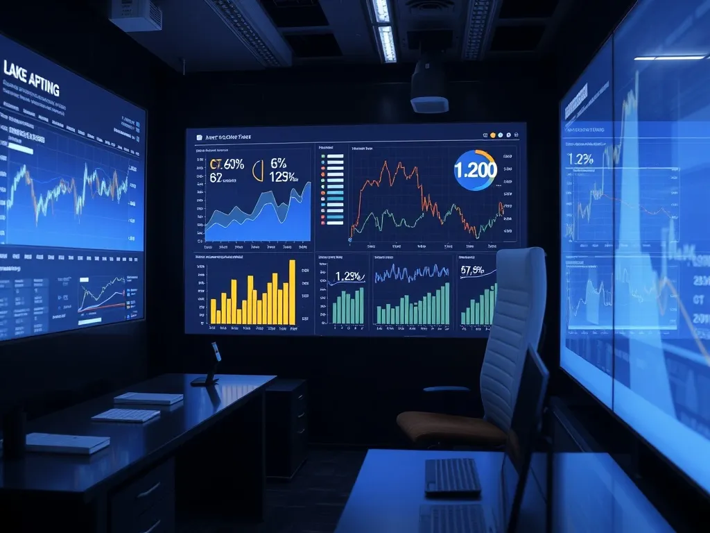 Professional dark office environment with abstract data visu