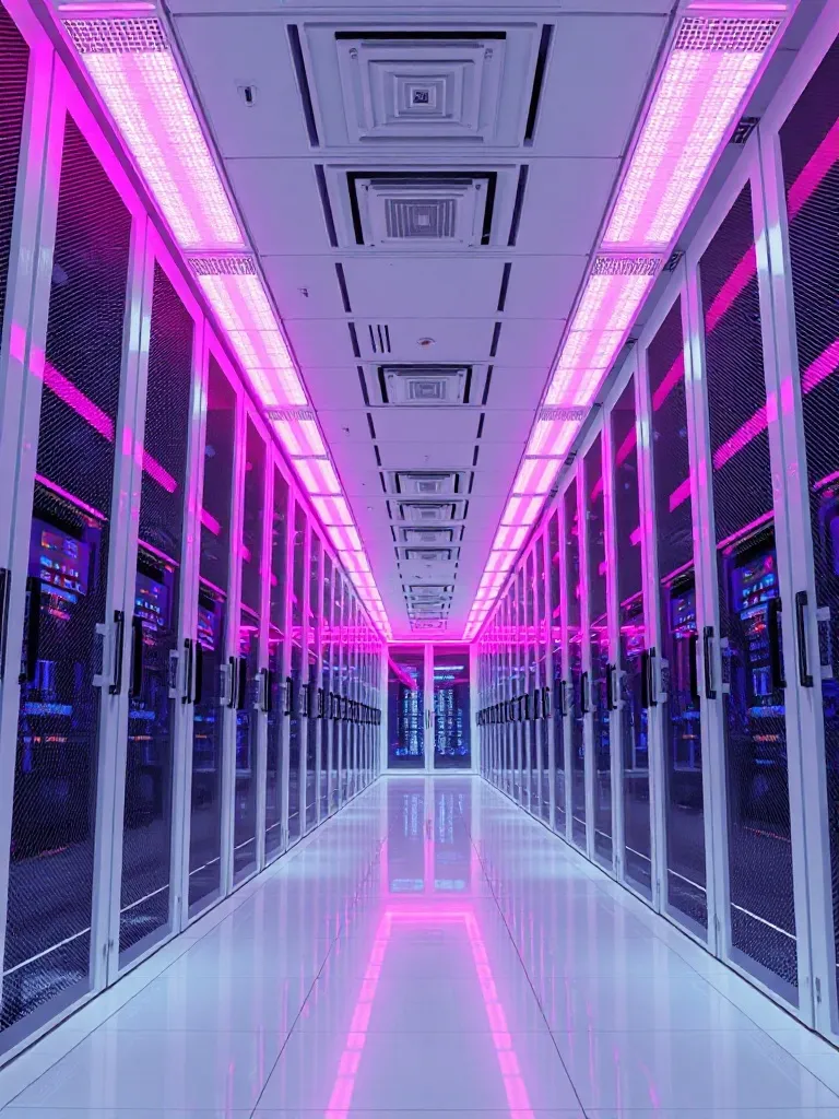 High-tech server room with clean white and pink lighting, in