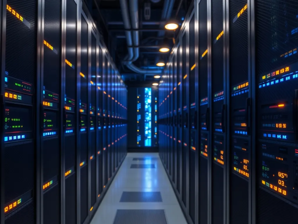 A high-tech data center server rack with glowing blue and go